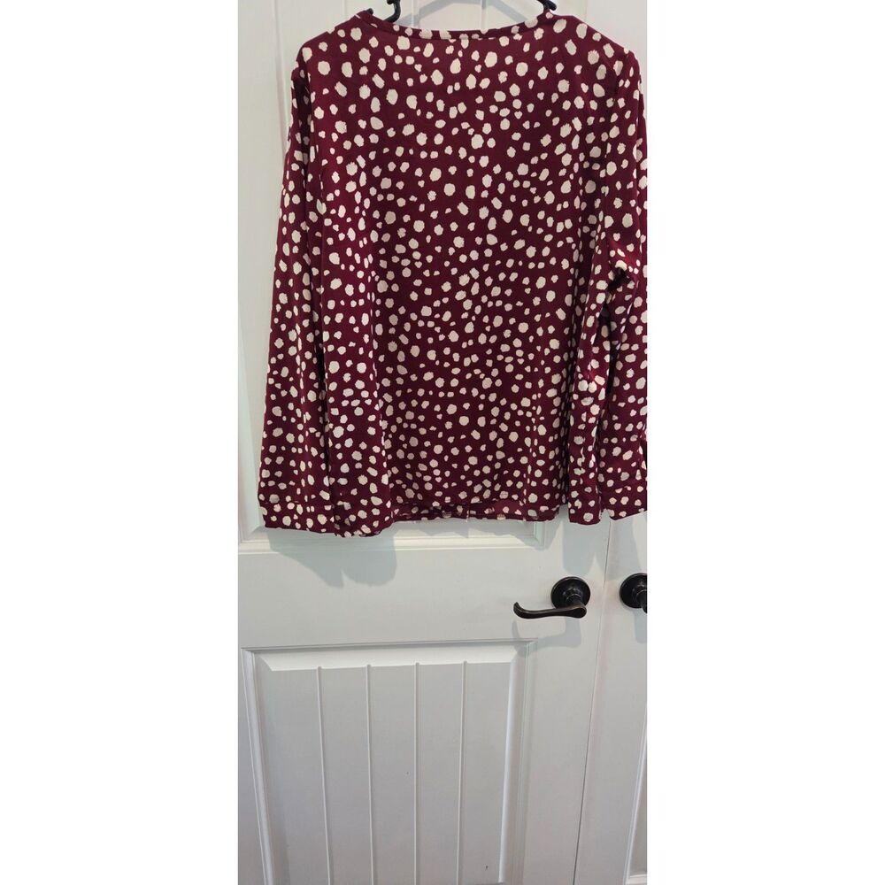 SHEIN Curve 1XL Burgundy Cream Spotted Print Button Blouse Long Sleeve